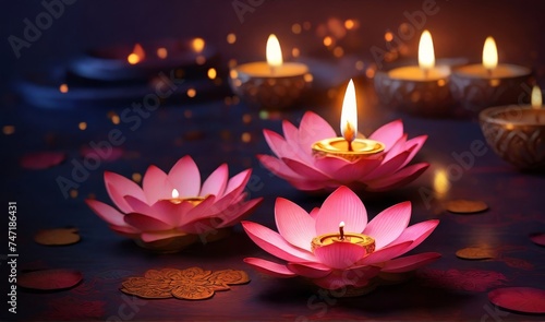 Diwali is an Indian holiday, the festival of fire. Lotus flowers and diyas oil lamps. With Generative AI technology