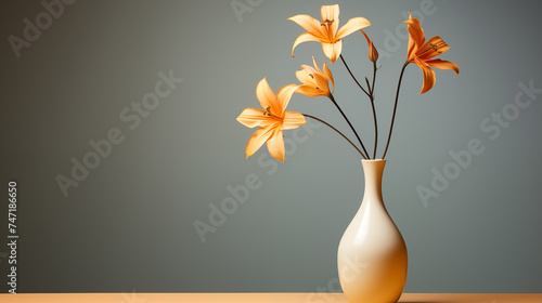 Petite fleur dans un vase, arrière-plan coloré, gris. Nature, plante, fleurs. Espace vide de composition, fond pour conception et création graphique.