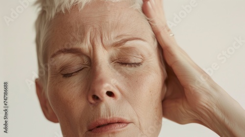 A woman with closed eyes and her hand on her forehead possibly in a state of deep thought or distress.