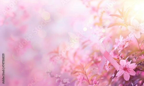 Pink ribbon breast cancer symbol on beautiful background, free space for text, banner © shooreeq