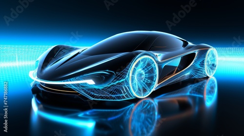 Futuristic electric black car on holographic wireframe digital technology background