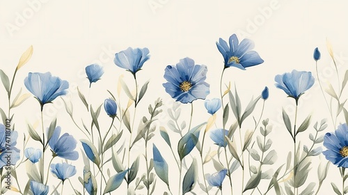 Blue wild flowers on off white backdrop for product backdrop or mug printing, Generative AI. photo