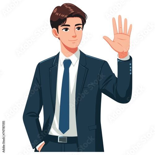 illustration of young businessman waving hand, icon, vector