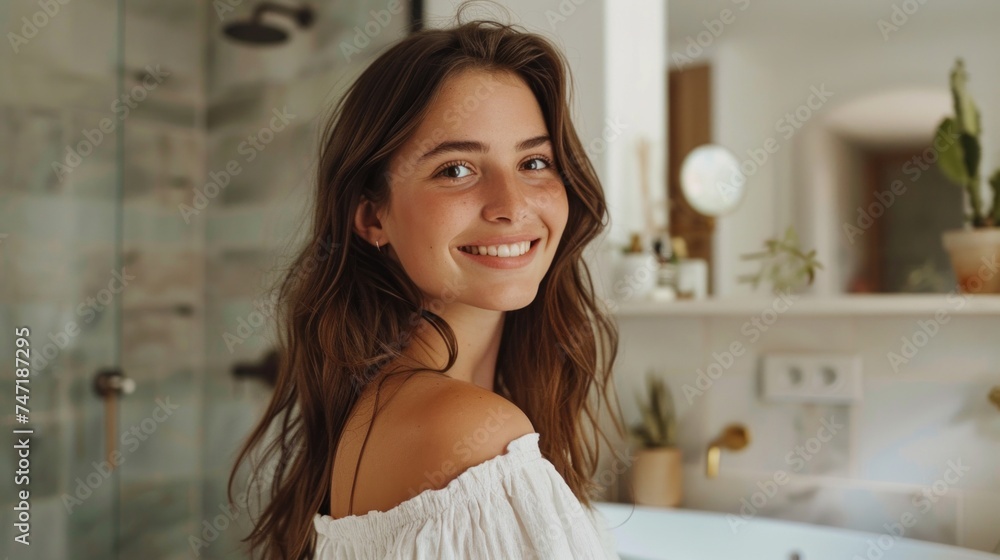 Smiling young woman with long brown hair wearing a white off-the-shoulder top standing in a modern bathroom with a white marble countertop and plants. Smiling young woman with long brown hair wearing a white off-the-shoulder top standing in a modern bathroom with a white marble countertop and plants.
