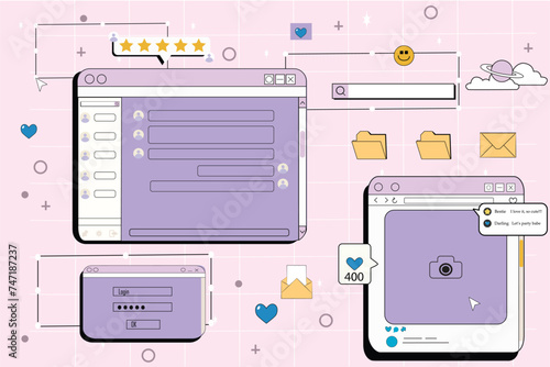 Y2k windows, retro screens in retrowave, vaporwave vintage style. Computer, social media and login interface, post, pc desktop icon, star rating bar and folder user interface elements,ux design. Purpl