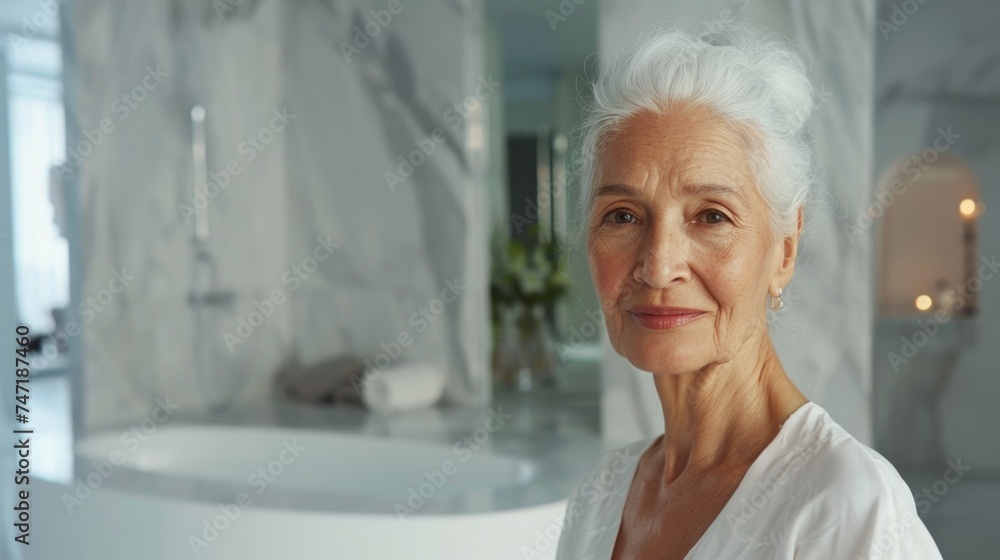 Fototapeta premium Elegant older woman with white hair wearing a white blouse standing in a modern bathroom with a marble bathtub and a potted plant in the background.