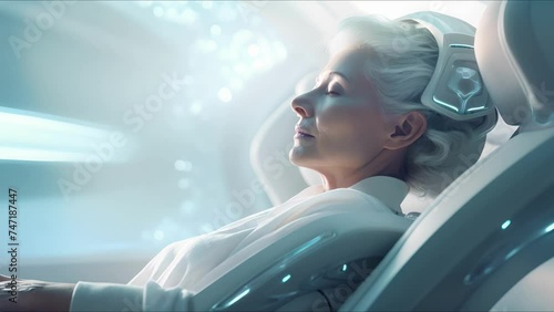Futuristic rejuvenation procedure treatment. Old woman sleeping in healthcare camera. The concept of science and healing. AI-generated. photo