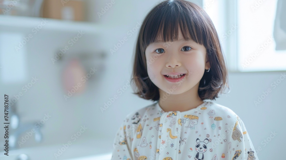 A young girl with a radiant smile standing in a bathroom wearing a playful pajamas with animal prints. A young girl with a radiant smile standing in a bathroom wearing a playful pajamas with animal prints.