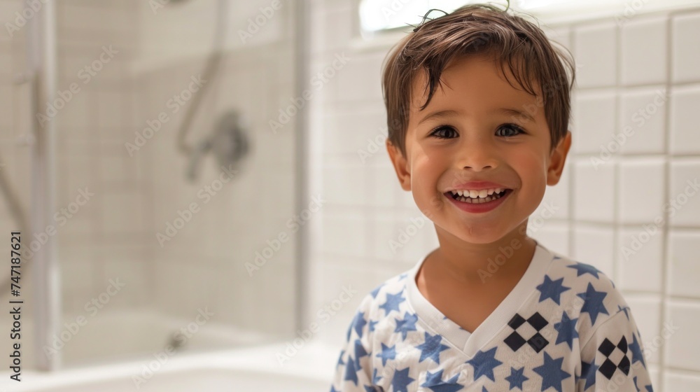Smiling young boy with wet hair in a white tiled bathroom. Smiling young boy with wet hair in a white tiled bathroom.