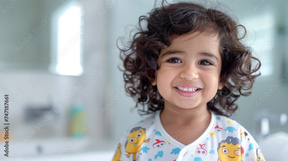 A joyful child with curly hair wearing colorful pajamas with cartoon characters smiling brightly in a brightly lit room. A joyful child with curly hair wearing colorful pajamas with cartoon characters smiling brightly in a brightly lit room.
