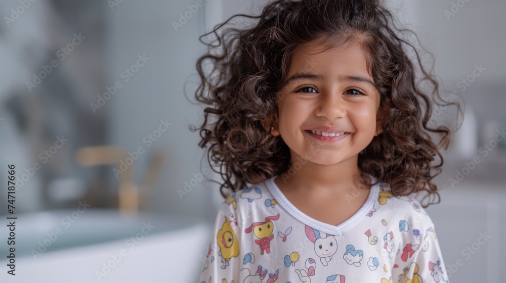 A joyful child with curly hair wearing colorful pajamas with cartoon characters smiling brightly in a brightly lit room. A joyful child with curly hair wearing colorful pajamas with cartoon characters smiling brightly in a brightly lit room.