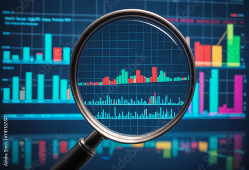 Examining a business chart through a magnifying glass for detailed analysis. For illustrating financial analysis, market research, and business strategy concepts.