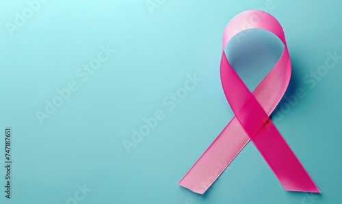 Pink ribbon breast cancer symbol on flat colored background, free space for text, banner