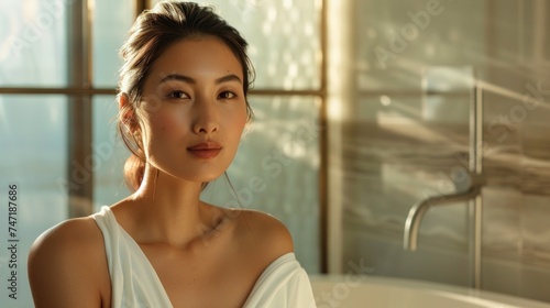 Free Download A woman with a gentle expression wearing a white dress standing in a bathroom with a large window and a shower head in the background. - GFXLoad