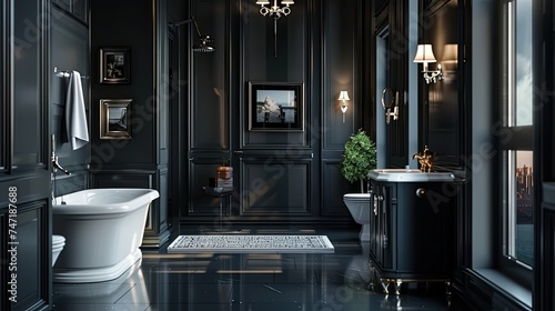 a contemporary bathroom adorned with New England decor, to highlight the sleek design elements against the backdrop of dark walls, creating a striking contrast and evoking a sense of opulence.
