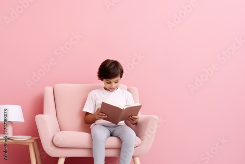 minimal photo of a six or seven year old boy sitting on modern chair reading a book on pastel pink background copy space right. Education and hobby.  photo
