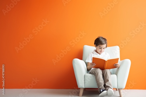 minimal photo of a six or seven year old boy sitting on modern chair reading a book on orange background copy space left. Education and hobby.  photo
