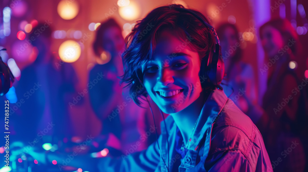 Portrait of a stylish DJ on a fiesta background. Neon disco lights. Party nightclub concept. Generative AI Portrait of a stylish DJ on a fiesta background. Neon disco lights. Party nightclub concept. Generative AI
