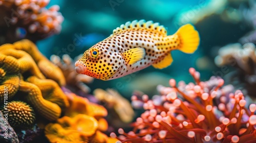 Pufferfish swims among colorful corals in saltwater aquarium, creating a vibrant underwater scene. © Ilja