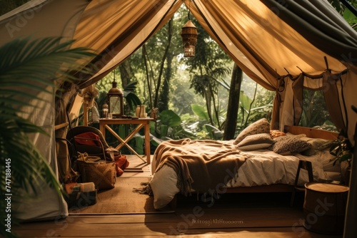 Eco green boho style interior of hotel room in tent  bungalow in jungle © Dina