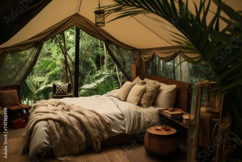 Eco green boho style interior of hotel room in tent bungalow in jungle