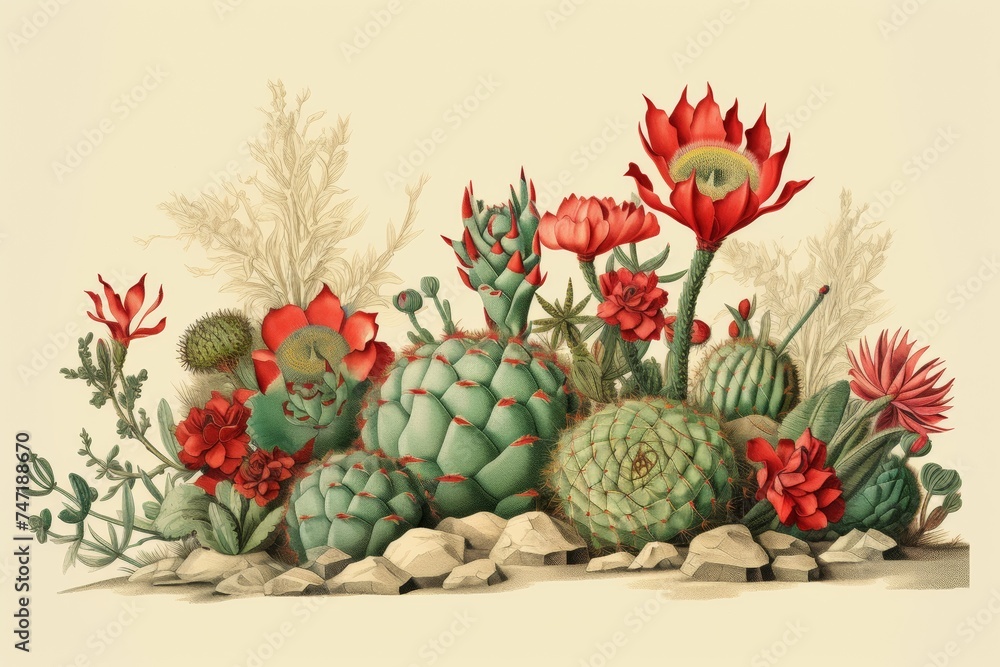 Fototapeta premium cactus and succulents with red blooming flowers horizontal vintage botanical illustration. Plants hobby poster. Indoor gardening. 