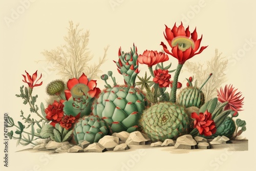 cactus and succulents with red blooming flowers horizontal vintage botanical illustration. Plants hobby poster. Indoor gardening. 