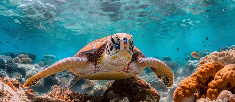 Graceful underwater world: a turtle swimming among colorful corals in the crystal clear ocean