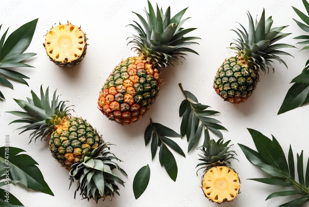 Fototapeta premium Pineapple on white background. Summer concept. Flat lay, top view, square