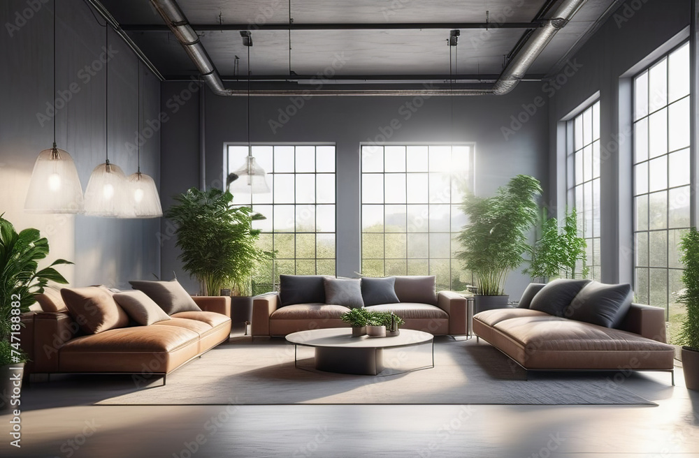 House with couch, chair, coffee table, plants, and wood flooring