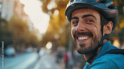 Smiling man with a beard wearing a blue helmet riding a bicycle on a city street with blurred background. © iuricazac