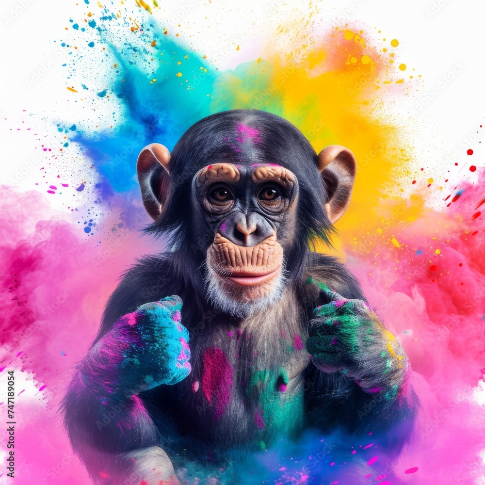 Colorful Holi powder blowing up on monkey face. Marmoset painted vibrant rainbow colors, splashes, white background. Card, event, poster, flyer. Multicolored explosions of Holi festival. Hindu culture