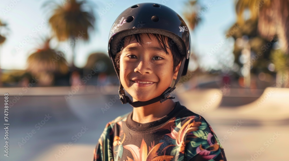 Young skateboarder in vibrant shirt smiling wearing protective black helmet standing at skate park with palm trees in background. Young skateboarder in vibrant shirt smiling wearing protective black helmet standing at skate park with palm trees in background.