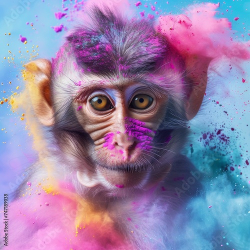 Close up portrait of cute baby Marmoset painted vibrant rainbow colors, splashes. Colorful powder blowing up on monkey face. Card, event, poster. Multicolored explosions, Holi festival. Hindu culture