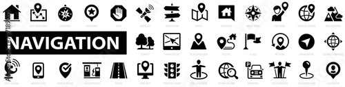 Navigation flat icon set. Location icons. GPS elements, map, compass. map pin, gps, destination, directions, address, route, navigator and more. Editable stroke. Vector illustration.