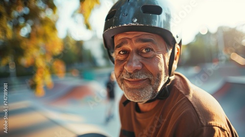 The image depicts an older man wearing a black helmet smiling at the camera. He is at a skate park with skate ramps and trees in the background.