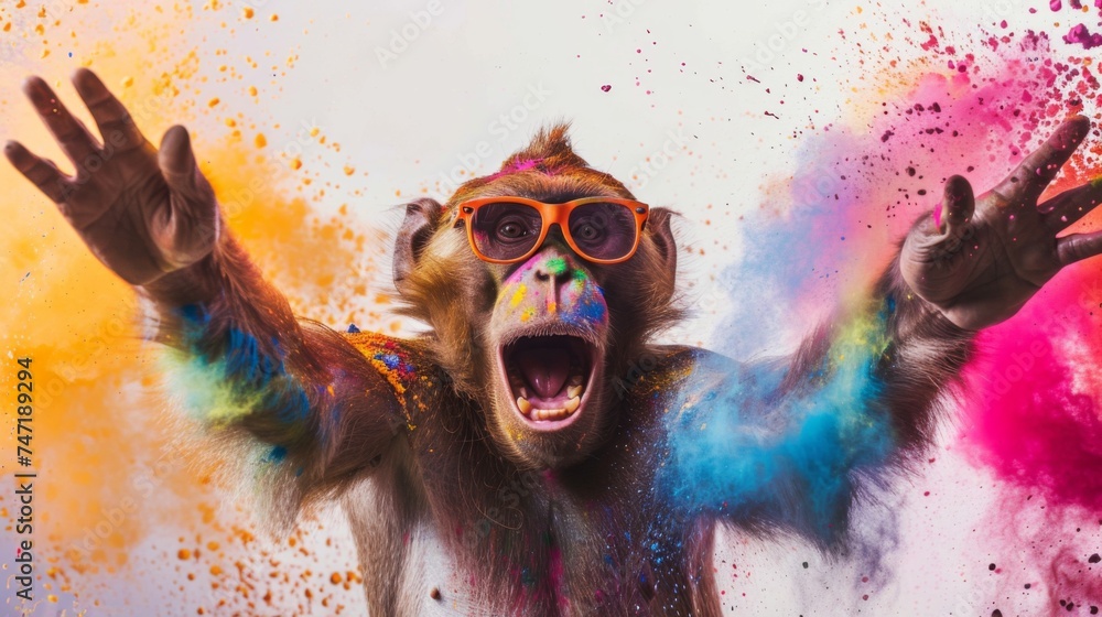 Foto de Monkey in glasses throwing colored powder paint in air ...