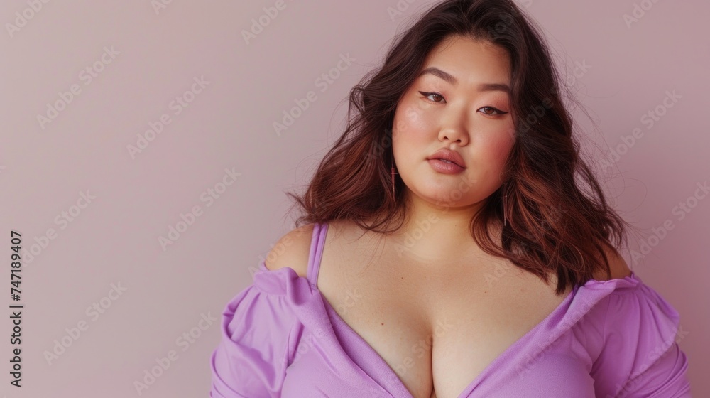 A young woman with a soft complexion and full lips wearing a purple off-the-shoulder top with her dark hair cascading over her shoulders against a pink background. A young woman with a soft complexion and full lips wearing a purple off-the-shoulder top with her dark hair cascading over her shoulders against a pink background.