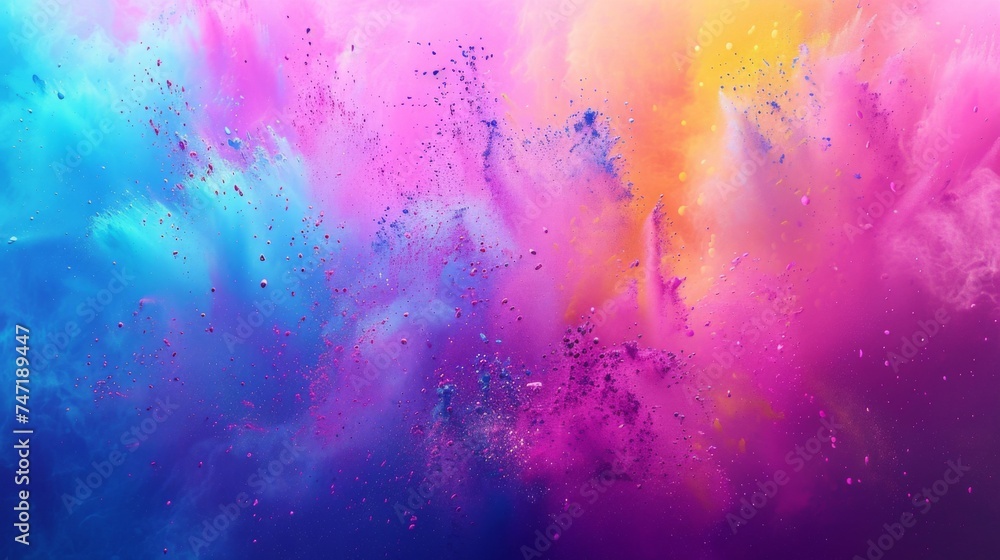 Abstract powder blowing up, rainbow paint explosion, vibrant dust explode. Colorful festival background. Design, templet for color Holi of India celebration greetings. Card, event, poster, flyer - obrazy, fototapety, plakaty 