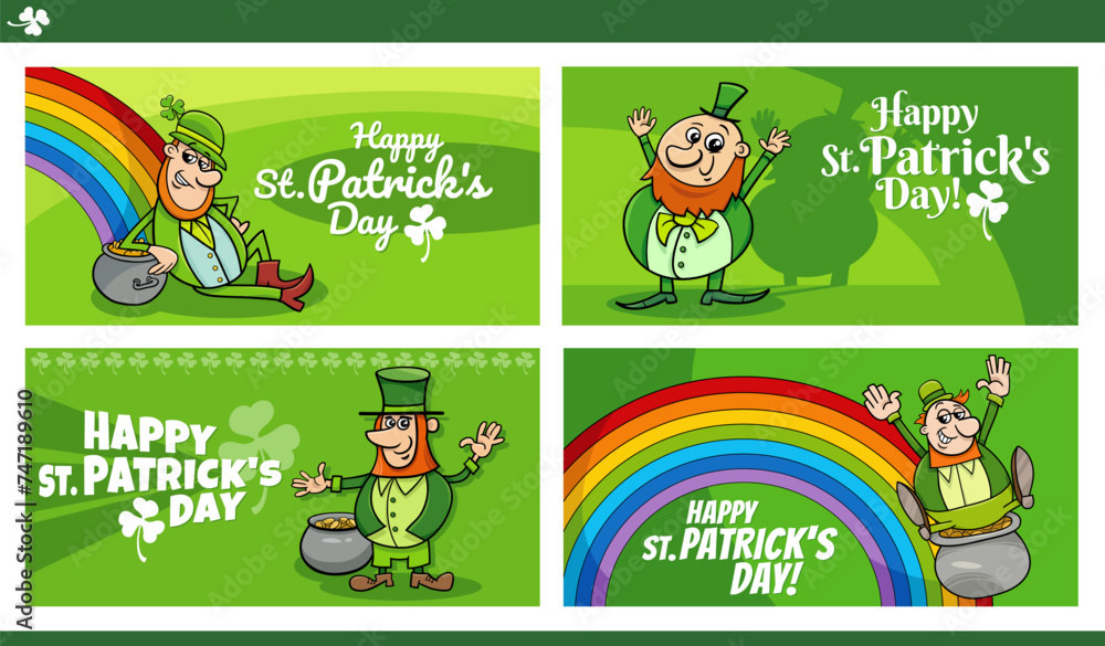 Saint Patrick Day designs set with cartoon Leprechaun character