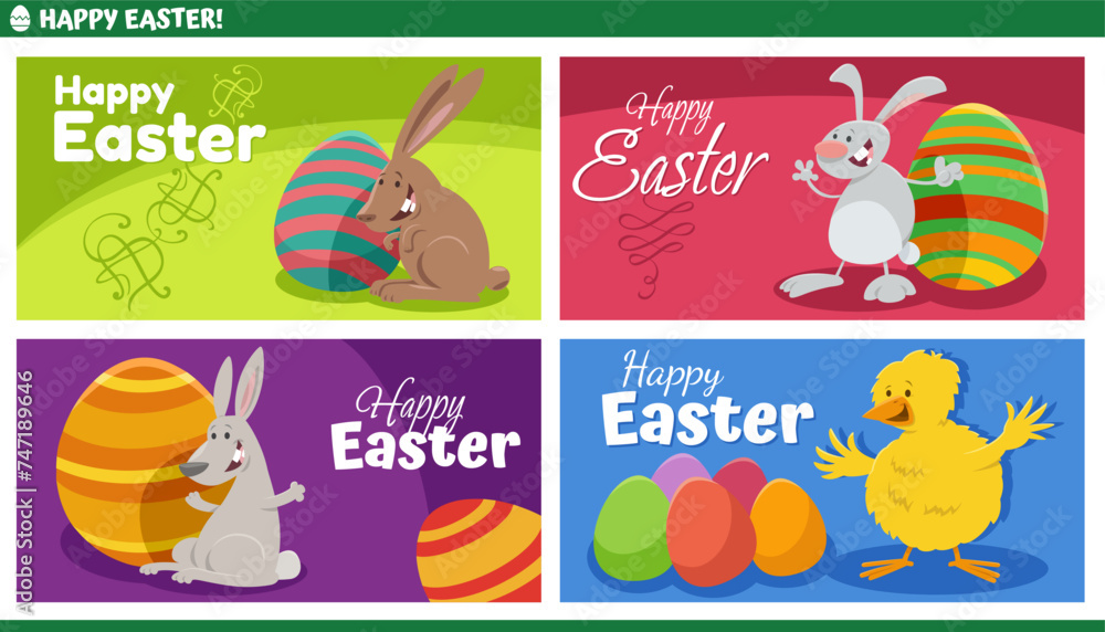 Fototapeta premium cartoon Easter bunnies and chick with painted eggs greeting cards set