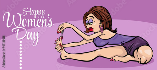 Women's Day design with cartoon woman practicing yoga and painting toes