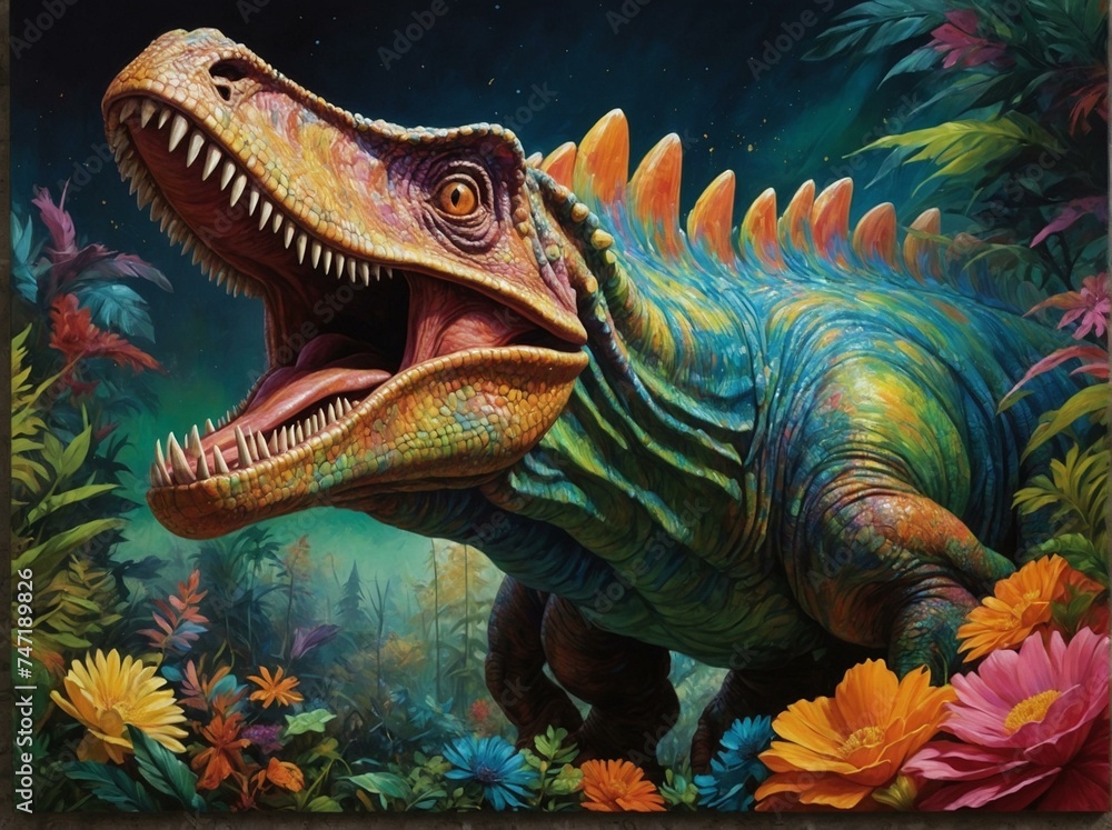 An exquisitely detailed and colorful painting of a dinosaur set in a lush, vibrant prehistoric landscape, evoking both power and a bygone era An exquisitely detailed and colorful painting of a dinosaur set in a lush, vibrant prehistoric landscape, evoking both power and a bygone era