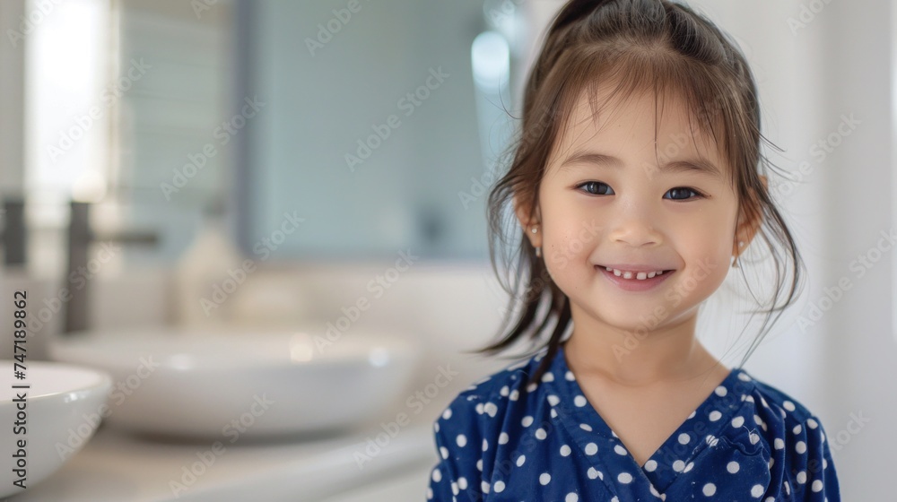 Young girl with a radiant smile wearing a blue polka dot dress standing in a bathroom with a white sink and mirror in the background. Young girl with a radiant smile wearing a blue polka dot dress standing in a bathroom with a white sink and mirror in the background.