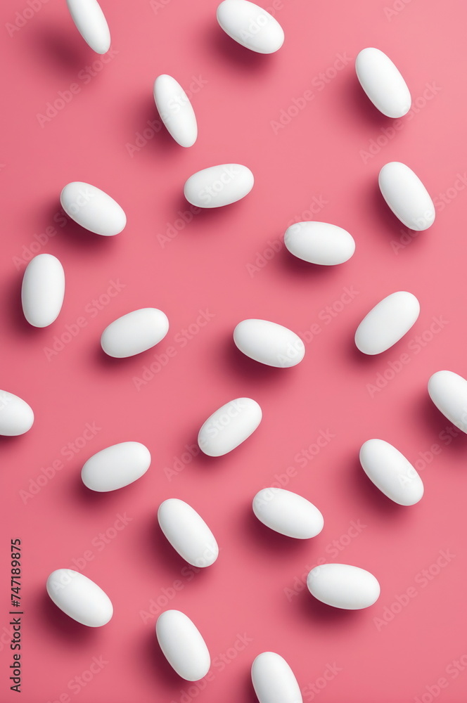 White Pills Scattered on Pastel Background White Pills Scattered on Pastel Background
