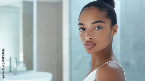 A woman with a side profile wearing a white top standing in a modern bathroom with a white sink and a large mirror. Free Download A woman with a side profile wearing a white top standing in a modern bathroom with a white sink and a large mirror. - GFXLoad