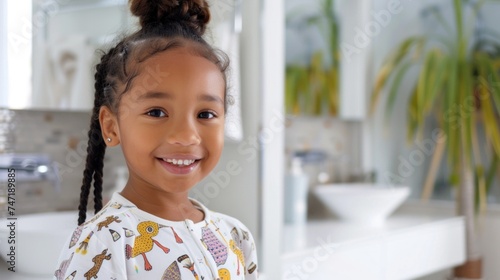 Young girl with a big smile wearing a colorful patterned shirt standing in a modern bathroom with a white sink and a potted plant in the background.