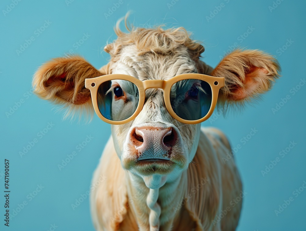 Funny Cow wearing sunglasses in front of a blue background, portrait surreal animal