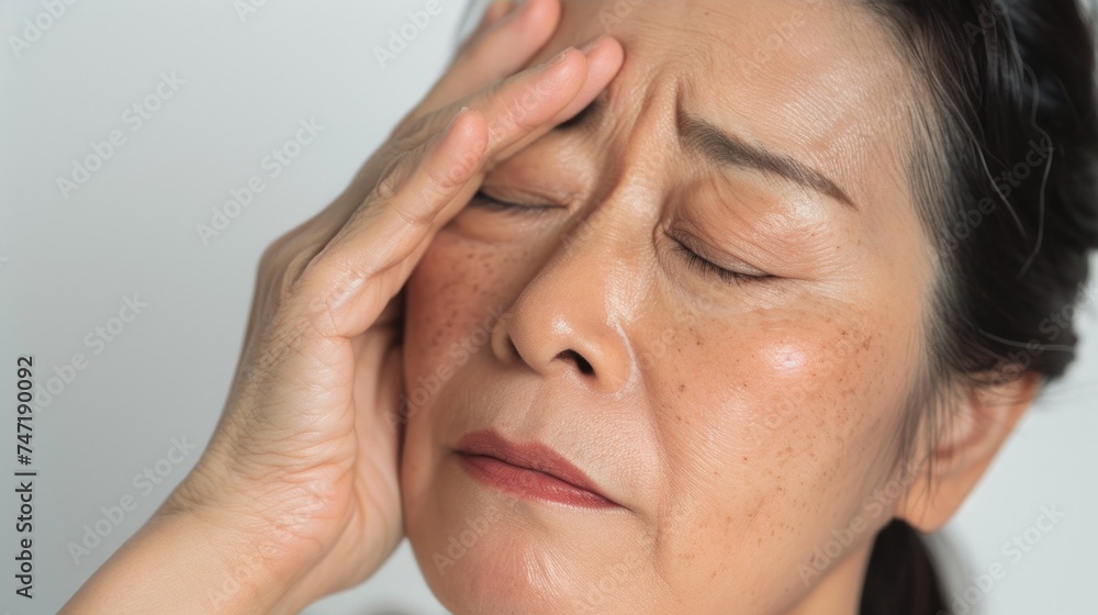 A woman with closed eyes pressing her hand against her forehead possibly in a state of distress or deep thought. A woman with closed eyes pressing her hand against her forehead possibly in a state of distress or deep thought.
