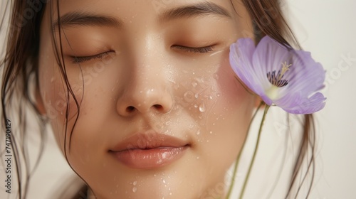 A close-up of a woman's face with closed eyes a serene expression and water droplets on her skin with a purple flower gently touching her cheek.